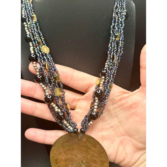 Vintage Handcrafted Brass Etched Bird Pendant with Beaded Collar Necklace - Picture 8 of 10